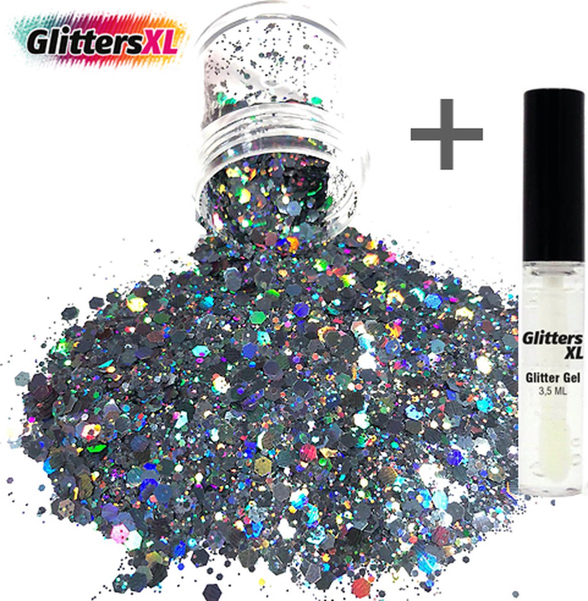 GlittersXL - Chunky Glitters (Zilver/Zwart) (Volume 8g) + Glitter Huid Lijm [Festival Makeup Gezicht Lichaam - Face Body Glitter - Biologisch afbreekbaar - Versiering Dames Volwassen Kinderen]